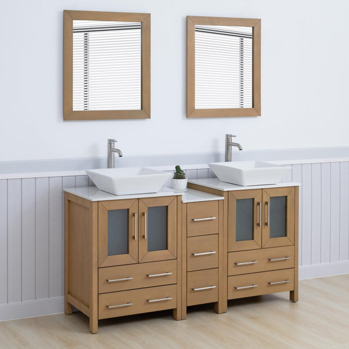 Ravenna 60" Double Sink Bathroom Vanity Combo Set, 7 Drawers 2 Shelves 3 Cabinets White Engineered Marble Top and Ceramic Vessel Sink Bathroom Cabinet with Free Mirrors - HomeBeyond