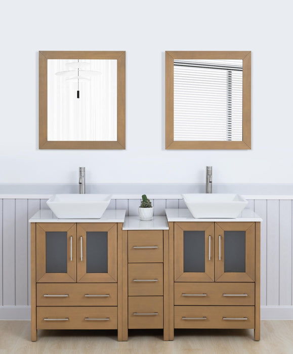 Ravenna 60" Double Sink Bathroom Vanity Combo Set, 7 Drawers 2 Shelves 3 Cabinets White Engineered Marble Top and Ceramic Vessel Sink Bathroom Cabinet with Free Mirrors - HomeBeyond