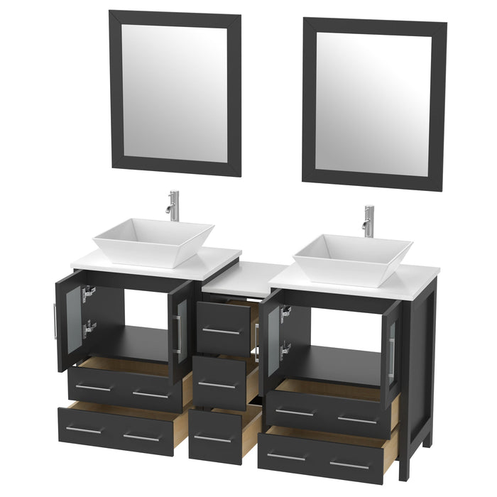 Ravenna 60" Double Sink Bathroom Vanity Combo Set, 7 Drawers 2 Shelves 3 Cabinets White Engineered Marble Top and Ceramic Vessel Sink Bathroom Cabinet with Free Mirrors - HomeBeyond