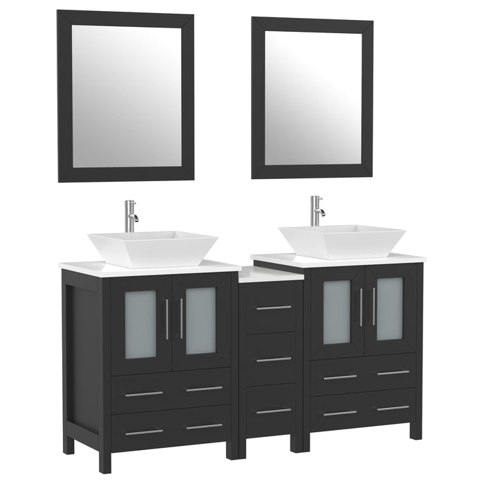 Ravenna 60" Double Sink Bathroom Vanity Combo Set, 7 Drawers 2 Shelves 3 Cabinets White Engineered Marble Top and Ceramic Vessel Sink Bathroom Cabinet with Free Mirrors - HomeBeyond