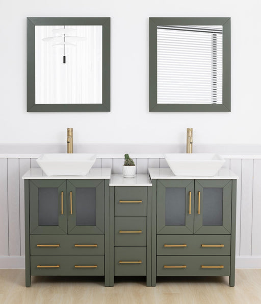 Ravenna 60" Double Sink Bathroom Vanity Combo Set, 7 Drawers 2 Shelves 3 Cabinets White Engineered Marble Top and Ceramic Vessel Sink Bathroom Cabinet with Free Mirrors - HomeBeyond