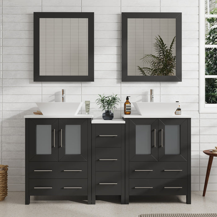 Ravenna 60" Double Sink Bathroom Vanity Combo Set, 7 Drawers 2 Shelves 3 Cabinets White Engineered Marble Top and Ceramic Vessel Sink Bathroom Cabinet with Free Mirrors - HomeBeyond
