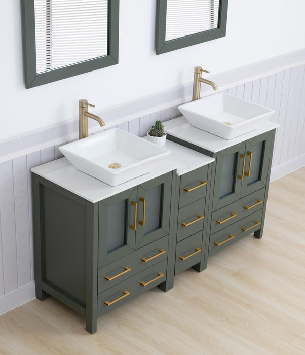 Ravenna 60" Double Sink Bathroom Vanity Combo Set, 7 Drawers 2 Shelves 3 Cabinets White Engineered Marble Top and Ceramic Vessel Sink Bathroom Cabinet with Free Mirrors - HomeBeyond