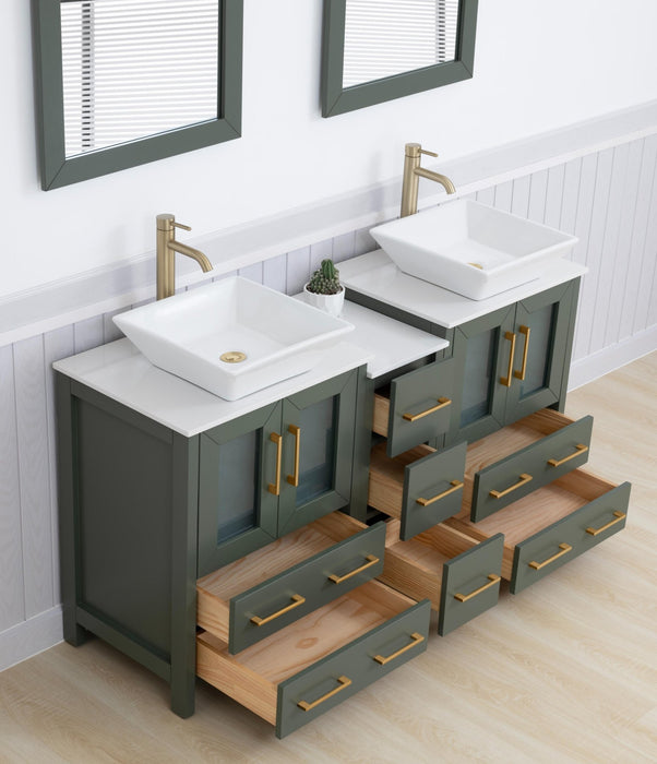 Ravenna 60" Double Sink Bathroom Vanity Combo Set, 7 Drawers 2 Shelves 3 Cabinets White Engineered Marble Top and Ceramic Vessel Sink Bathroom Cabinet with Free Mirrors - HomeBeyond