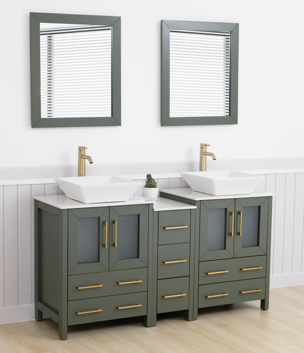 Ravenna 60" Double Sink Bathroom Vanity Combo Set, 7 Drawers 2 Shelves 3 Cabinets White Engineered Marble Top and Ceramic Vessel Sink Bathroom Cabinet with Free Mirrors - HomeBeyond