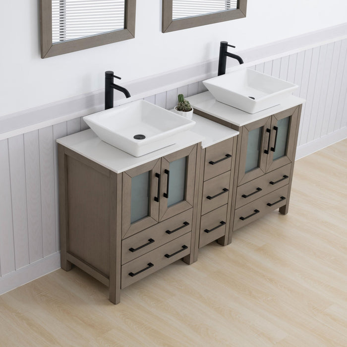 Ravenna 60" Double Sink Bathroom Vanity Combo Set, 7 Drawers 2 Shelves 3 Cabinets White Engineered Marble Top and Ceramic Vessel Sink Bathroom Cabinet with Free Mirrors - HomeBeyond