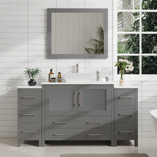 Ravenna 60" Single Sink Small Bathroom Vanity Set, 8 Drawers 1 Shelf Engineered Marble Top and Ceramic Vessel Sink Bathroom Cabinet with Mirror - HomeBeyond