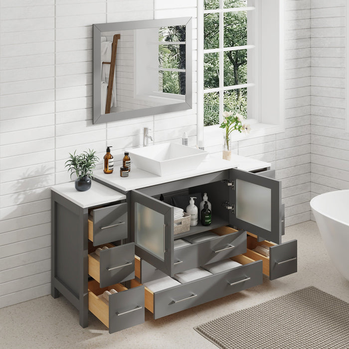 Ravenna 60" Single Sink Small Bathroom Vanity Set, 8 Drawers 1 Shelf Engineered Marble Top and Ceramic Vessel Sink Bathroom Cabinet with Mirror - HomeBeyond