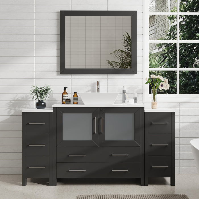 Ravenna 60" Single Sink Small Bathroom Vanity Set, 8 Drawers 1 Shelf Engineered Marble Top and Ceramic Vessel Sink Bathroom Cabinet with Mirror - HomeBeyond