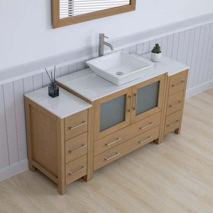Ravenna 60" Single Sink Small Bathroom Vanity Set, 8 Drawers 1 Shelf Engineered Marble Top and Ceramic Vessel Sink Bathroom Cabinet with Mirror - HomeBeyond