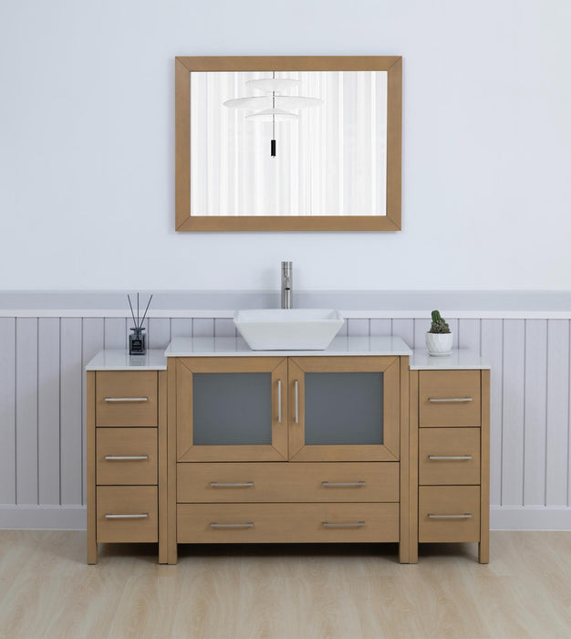 Ravenna 60" Single Sink Small Bathroom Vanity Set, 8 Drawers 1 Shelf Engineered Marble Top and Ceramic Vessel Sink Bathroom Cabinet with Mirror - HomeBeyond