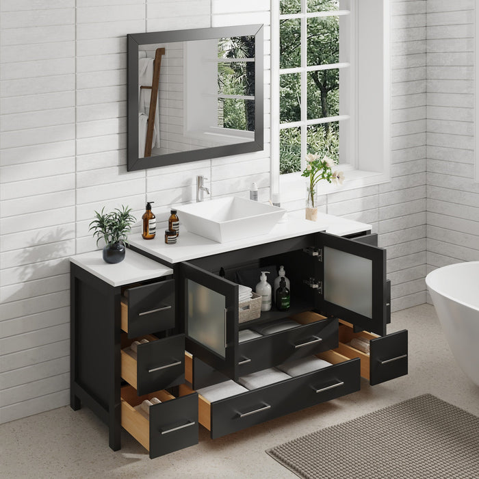 Ravenna 60" Single Sink Small Bathroom Vanity Set, 8 Drawers 1 Shelf Engineered Marble Top and Ceramic Vessel Sink Bathroom Cabinet with Mirror - HomeBeyond