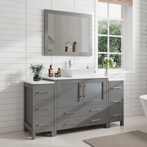 Ravenna 60" Single Sink Small Bathroom Vanity Set, 8 Drawers 1 Shelf Engineered Marble Top and Ceramic Vessel Sink Bathroom Cabinet with Mirror - HomeBeyond