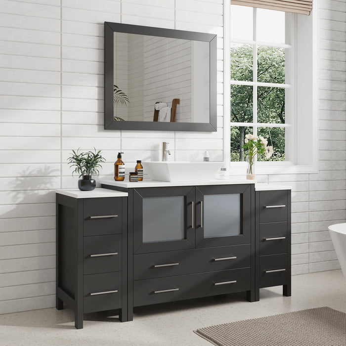 Ravenna 60" Single Sink Small Bathroom Vanity Set, 8 Drawers 1 Shelf Engineered Marble Top and Ceramic Vessel Sink Bathroom Cabinet with Mirror - HomeBeyond