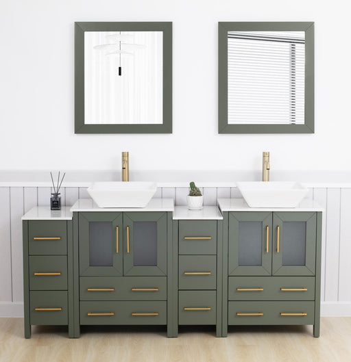 Ravenna 72" Double Sink Bathroom Vanity Combo Set, 10 Drawers, 2 Shelves, 4 Cabinets White Engineered Marble Top and Ceramic Vessel Sink Bathroom Cabinet with Mirrors - HomeBeyond