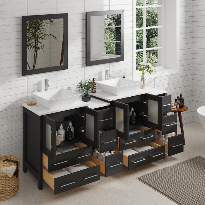 Ravenna 72" Double Sink Bathroom Vanity Combo Set, 10 Drawers, 2 Shelves, 4 Cabinets White Engineered Marble Top and Ceramic Vessel Sink Bathroom Cabinet with Mirrors - HomeBeyond