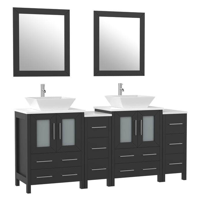 Ravenna 72" Double Sink Bathroom Vanity Combo Set, 10 Drawers, 2 Shelves, 4 Cabinets White Engineered Marble Top and Ceramic Vessel Sink Bathroom Cabinet with Mirrors - HomeBeyond