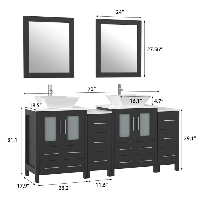 Ravenna 72" Double Sink Bathroom Vanity Combo Set, 10 Drawers, 2 Shelves, 4 Cabinets White Engineered Marble Top and Ceramic Vessel Sink Bathroom Cabinet with Mirrors - HomeBeyond
