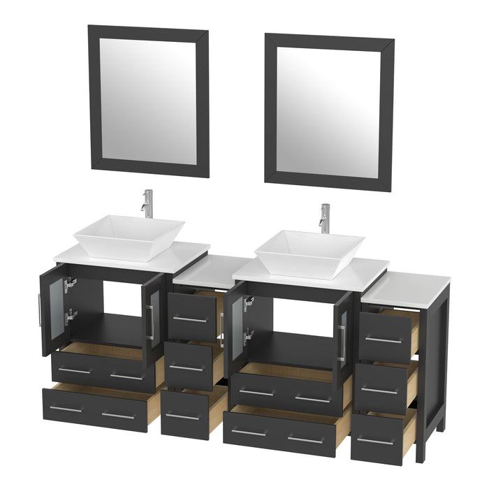 Ravenna 72" Double Sink Bathroom Vanity Combo Set, 10 Drawers, 2 Shelves, 4 Cabinets White Engineered Marble Top and Ceramic Vessel Sink Bathroom Cabinet with Mirrors - HomeBeyond
