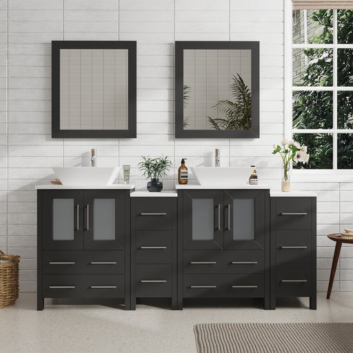 Ravenna 72" Double Sink Bathroom Vanity Combo Set, 10 Drawers, 2 Shelves, 4 Cabinets White Engineered Marble Top and Ceramic Vessel Sink Bathroom Cabinet with Mirrors - HomeBeyond