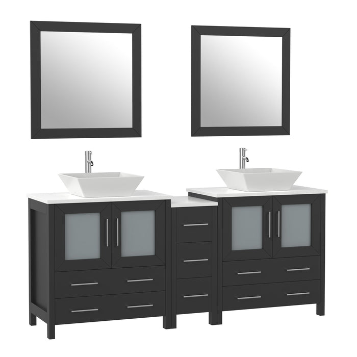 Ravenna 72" Double Sink Bathroom Vanity Combo Set, 7 Drawers 2 Shelves 3 Cabinets White Engineered Marble Top and Ceramic Sink Bathroom Cabinet with Free Mirrors - HomeBeyond