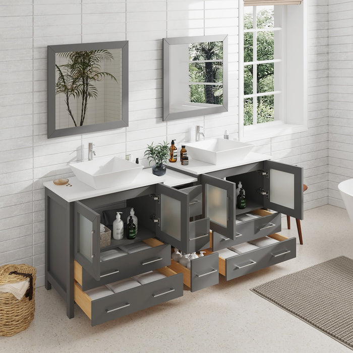 Ravenna 72" Double Sink Bathroom Vanity Combo Set, 7 Drawers 2 Shelves 3 Cabinets White Engineered Marble Top and Ceramic Sink Bathroom Cabinet with Free Mirrors - HomeBeyond