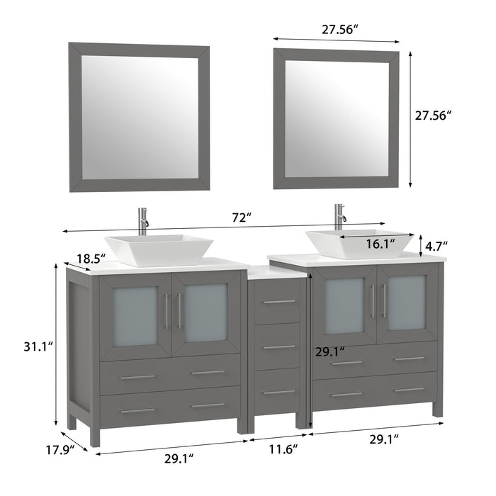 Ravenna 72" Double Sink Bathroom Vanity Combo Set, 7 Drawers 2 Shelves 3 Cabinets White Engineered Marble Top and Ceramic Sink Bathroom Cabinet with Free Mirrors - HomeBeyond