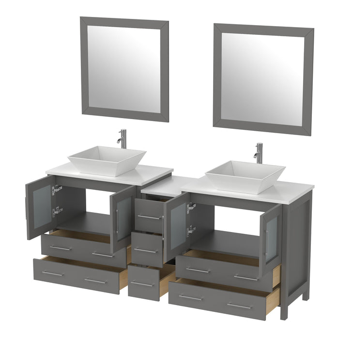Ravenna 72" Double Sink Bathroom Vanity Combo Set, 7 Drawers 2 Shelves 3 Cabinets White Engineered Marble Top and Ceramic Sink Bathroom Cabinet with Free Mirrors - HomeBeyond
