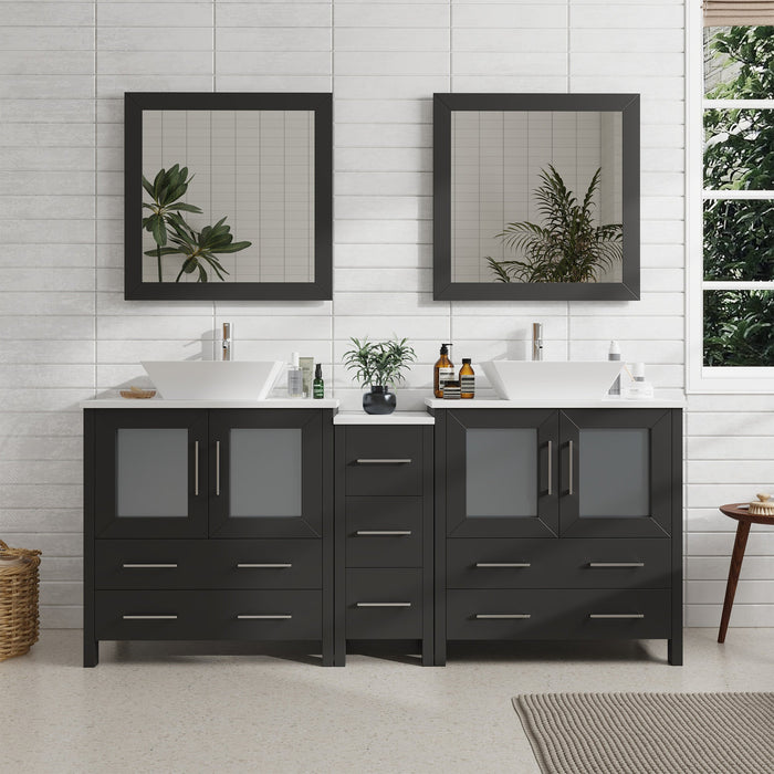Ravenna 72" Double Sink Bathroom Vanity Combo Set, 7 Drawers 2 Shelves 3 Cabinets White Engineered Marble Top and Ceramic Sink Bathroom Cabinet with Free Mirrors - HomeBeyond