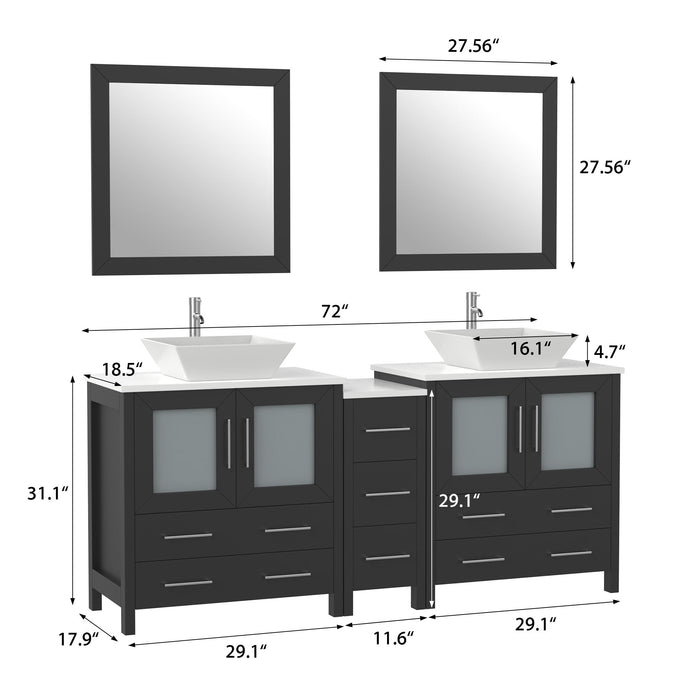 Ravenna 72" Double Sink Bathroom Vanity Combo Set, 7 Drawers 2 Shelves 3 Cabinets White Engineered Marble Top and Ceramic Sink Bathroom Cabinet with Free Mirrors - HomeBeyond