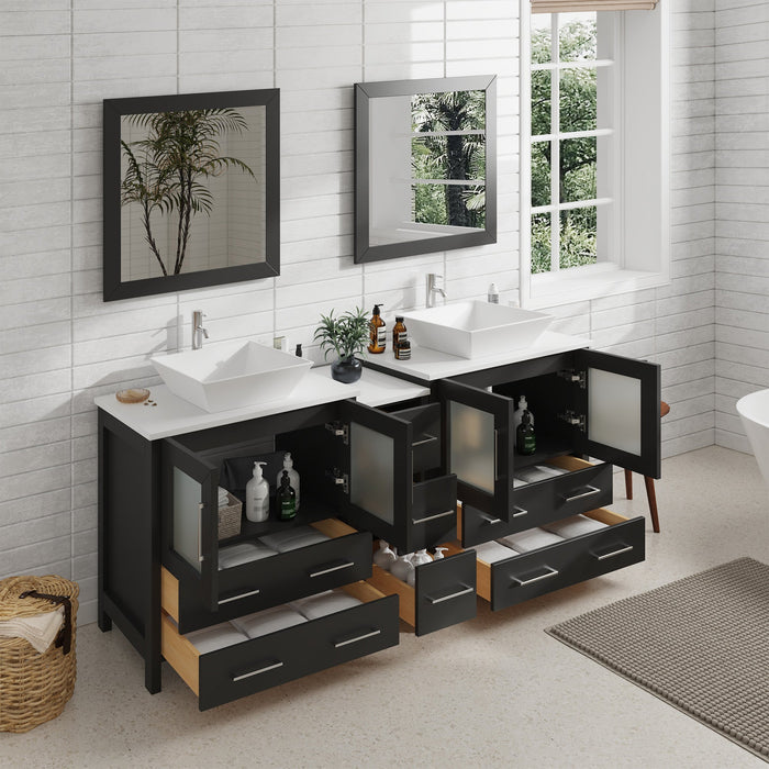 Ravenna 72" Double Sink Bathroom Vanity Combo Set, 7 Drawers 2 Shelves 3 Cabinets White Engineered Marble Top and Ceramic Sink Bathroom Cabinet with Free Mirrors - HomeBeyond