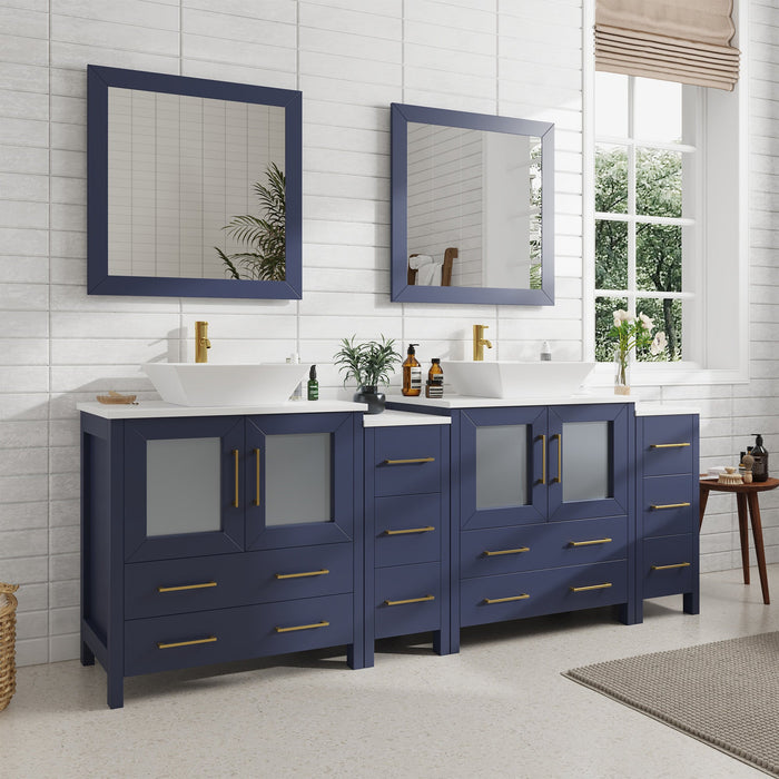 Ravenna 84" Double Sink Bathroom Vanity Combo Set, 10-Drawers, 2-Shelves, 4 Cabinet Engineered Marble Top and Ceramic Sink Bathroom Cabinet with Mirrors - HomeBeyond