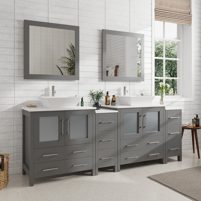 Ravenna 84" Double Sink Bathroom Vanity Combo Set, 10-Drawers, 2-Shelves, 4 Cabinet Engineered Marble Top and Ceramic Sink Bathroom Cabinet with Mirrors - HomeBeyond