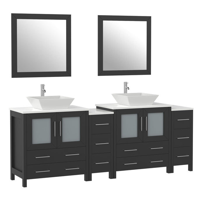 Ravenna 84" Double Sink Bathroom Vanity Combo Set, 10-Drawers, 2-Shelves, 4 Cabinet Engineered Marble Top and Ceramic Sink Bathroom Cabinet with Mirrors - HomeBeyond