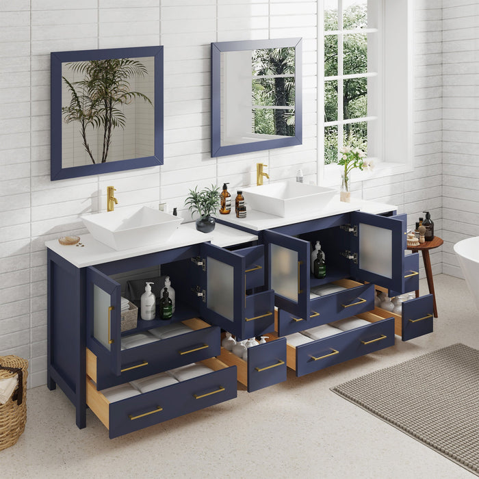 Ravenna 84" Double Sink Bathroom Vanity Combo Set, 10-Drawers, 2-Shelves, 4 Cabinet Engineered Marble Top and Ceramic Sink Bathroom Cabinet with Mirrors - HomeBeyond
