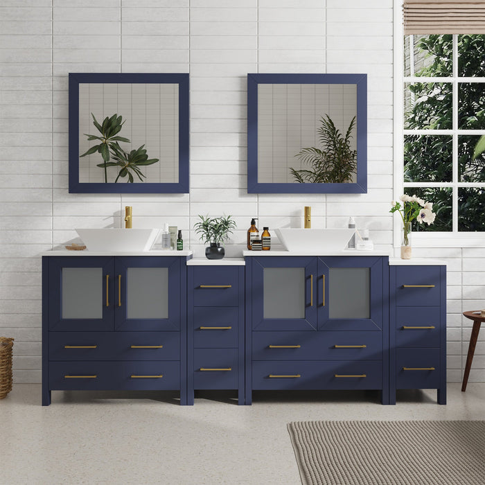 Ravenna 84" Double Sink Bathroom Vanity Combo Set, 10-Drawers, 2-Shelves, 4 Cabinet Engineered Marble Top and Ceramic Sink Bathroom Cabinet with Mirrors - HomeBeyond