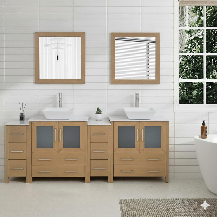Ravenna 84" Double Sink Bathroom Vanity Combo Set, 10-Drawers, 2-Shelves, 4 Cabinet Engineered Marble Top and Ceramic Sink Bathroom Cabinet with Mirrors - HomeBeyond