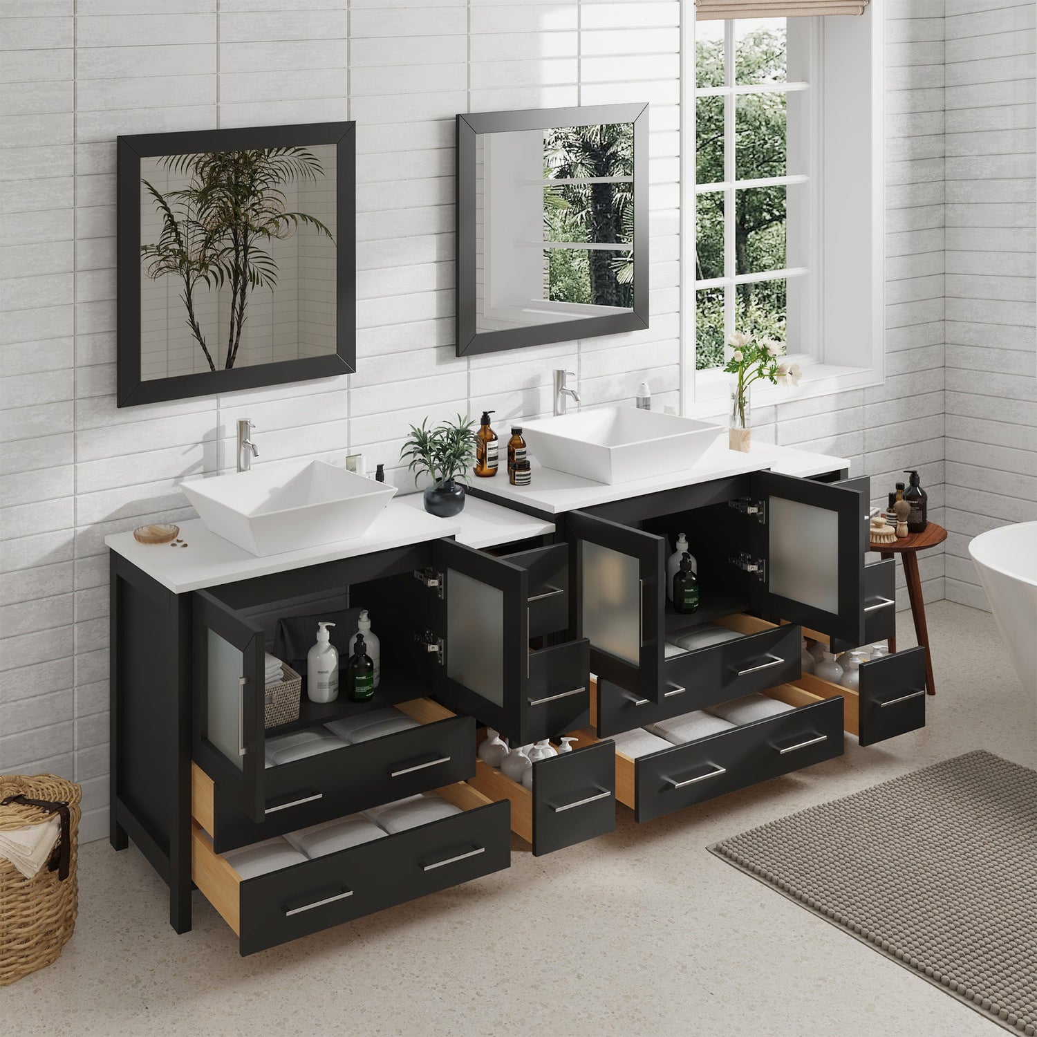 Ravenna 84" Double Sink Bathroom Vanity Combo Set, 10-Drawers, 2-Shelves, 4 Cabinet Engineered Marble Top and Ceramic Sink Bathroom Cabinet with Mirrors - HomeBeyond