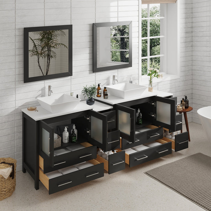Ravenna 84" Double Sink Bathroom Vanity Combo Set, 10-Drawers, 2-Shelves, 4 Cabinet Engineered Marble Top and Ceramic Sink Bathroom Cabinet with Mirrors - HomeBeyond