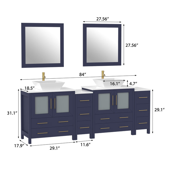 Ravenna 84" Double Sink Bathroom Vanity Combo Set, 10-Drawers, 2-Shelves, 4 Cabinet Engineered Marble Top and Ceramic Sink Bathroom Cabinet with Mirrors - HomeBeyond