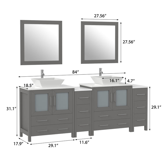 Ravenna 84" Double Sink Bathroom Vanity Combo Set, 10-Drawers, 2-Shelves, 4 Cabinet Engineered Marble Top and Ceramic Sink Bathroom Cabinet with Mirrors - HomeBeyond