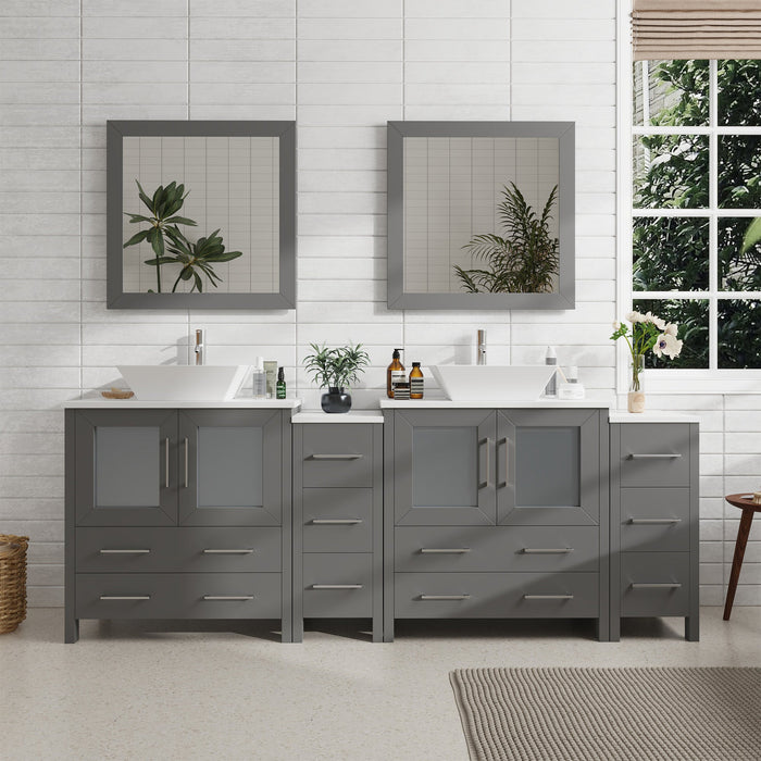 Ravenna 84" Double Sink Bathroom Vanity Combo Set, 10-Drawers, 2-Shelves, 4 Cabinet Engineered Marble Top and Ceramic Sink Bathroom Cabinet with Mirrors - HomeBeyond
