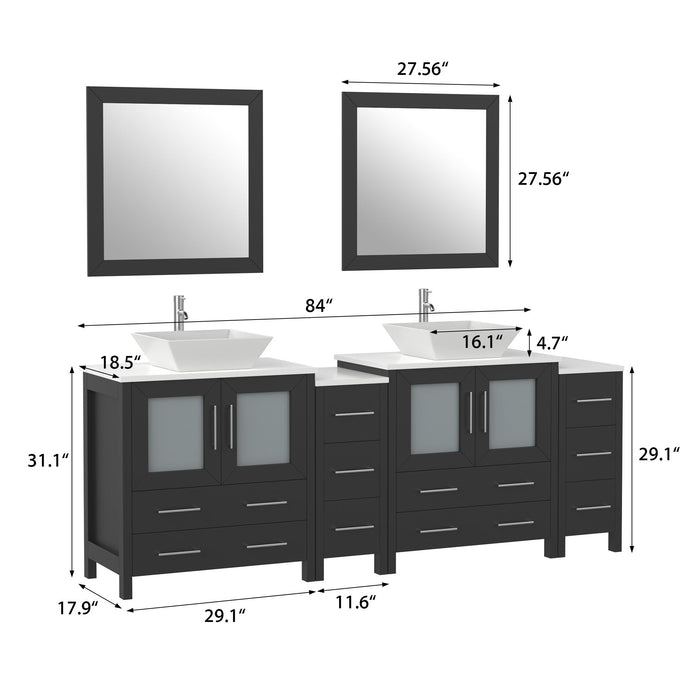 Ravenna 84" Double Sink Bathroom Vanity Combo Set, 10-Drawers, 2-Shelves, 4 Cabinet Engineered Marble Top and Ceramic Sink Bathroom Cabinet with Mirrors - HomeBeyond