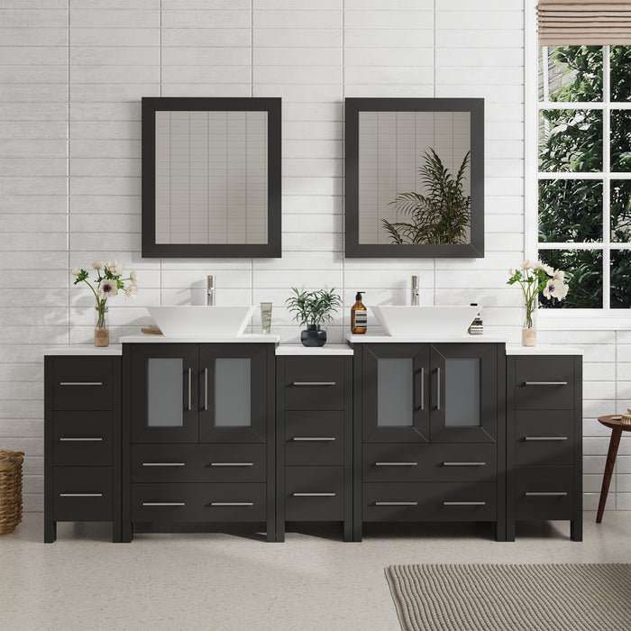 Ravenna 84" Double Sink Bathroom Vanity Combo Set, 13 Drawers, 2 Shelves, 5 Cabinets White Engineered Marble Top and Ceramic Vessel Sink Bathroom Cabinet with Free Mirrors - HomeBeyond