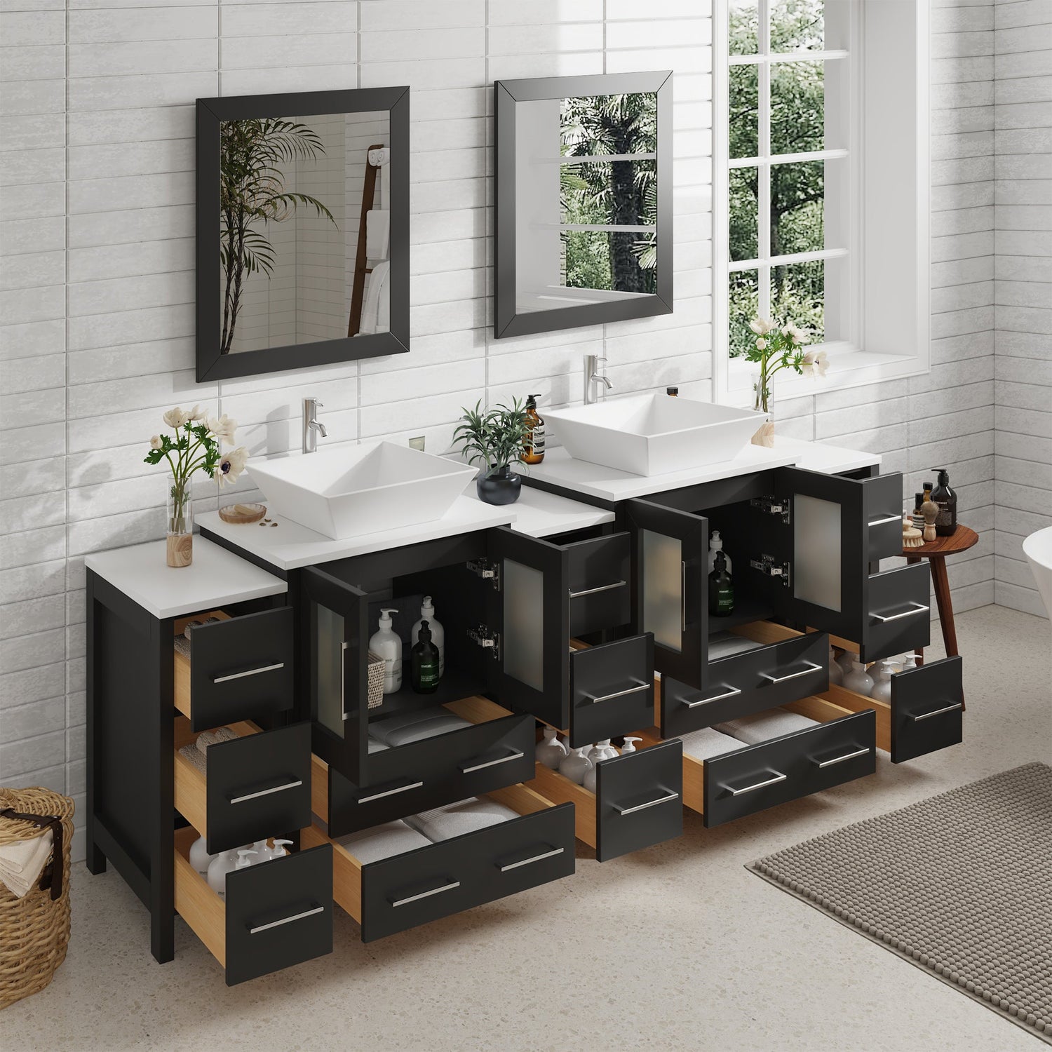 Ravenna 84" Double Sink Bathroom Vanity Combo Set, 13 Drawers, 2 Shelves, 5 Cabinets White Engineered Marble Top and Ceramic Vessel Sink Bathroom Cabinet with Free Mirrors - HomeBeyond