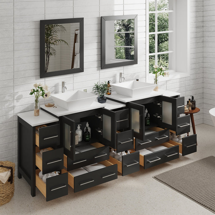 Ravenna 84" Double Sink Bathroom Vanity Combo Set, 13 Drawers, 2 Shelves, 5 Cabinets White Engineered Marble Top and Ceramic Vessel Sink Bathroom Cabinet with Free Mirrors - HomeBeyond