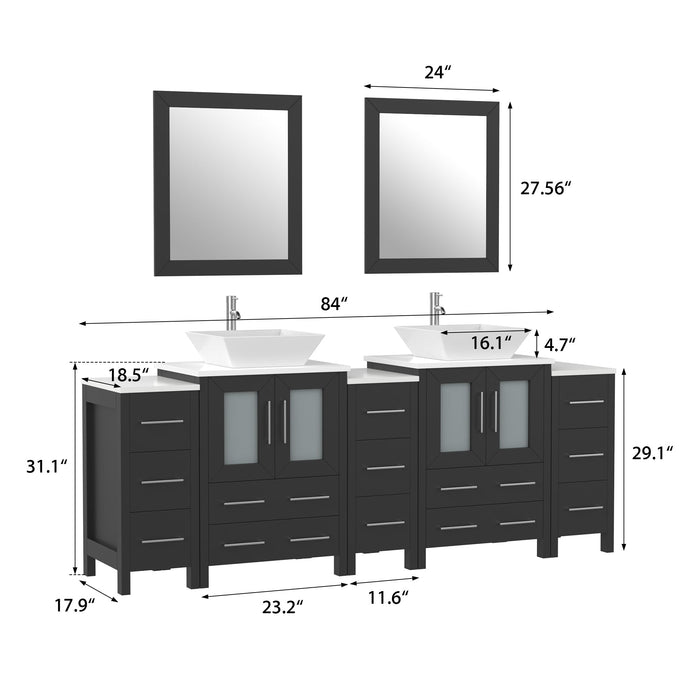 Ravenna 84" Double Sink Bathroom Vanity Combo Set, 13 Drawers, 2 Shelves, 5 Cabinets White Engineered Marble Top and Ceramic Vessel Sink Bathroom Cabinet with Free Mirrors - HomeBeyond