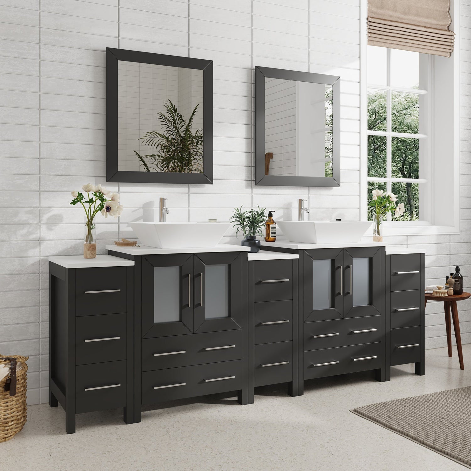 Ravenna 84" Double Sink Bathroom Vanity Combo Set, 13 Drawers, 2 Shelves, 5 Cabinets White Engineered Marble Top and Ceramic Vessel Sink Bathroom Cabinet with Free Mirrors - HomeBeyond