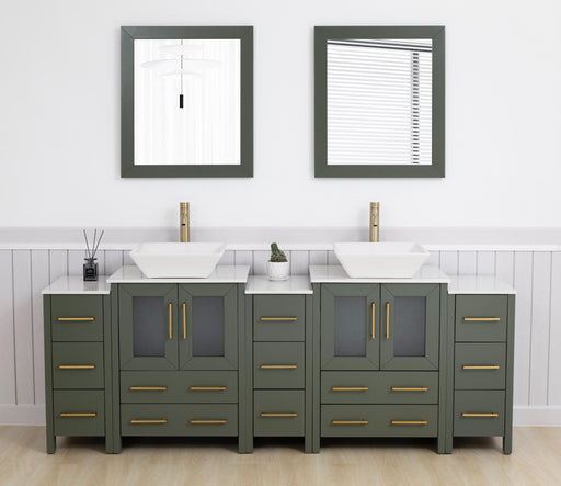Ravenna 84" Double Sink Bathroom Vanity Combo Set, 13 Drawers, 2 Shelves, 5 Cabinets White Engineered Marble Top and Ceramic Vessel Sink Bathroom Cabinet with Free Mirrors - HomeBeyond