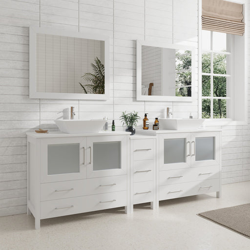 Ravenna 84" Double Sink Bathroom Vanity Combo Set, 7-Drawers, 2 Shelve, 3 Cabinet White Engineered Marble Top and Ceramic Vessel Sink Bathroom Cabinet with Free Mirrors - HomeBeyond